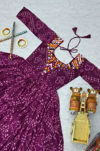 Navratri wear purple georgette bandhni printed gamthi & mirror work gown