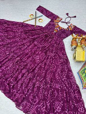 Navratri wear purple georgette bandhni printed gamthi & mirror work gown 5