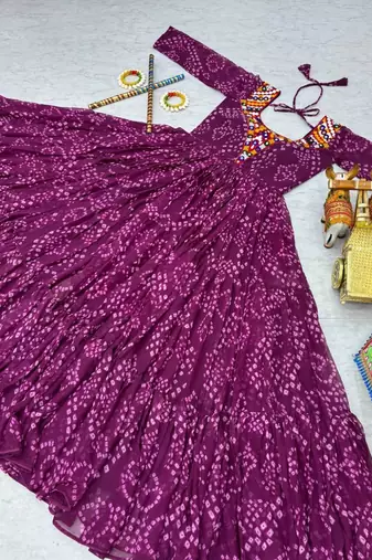 Navratri wear purple georgette bandhni printed gamthi & mirror work gown