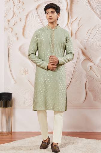 Boys mint green silk blend jacquard kurta pyjama set