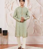 Boys mint green silk blend jacquard kurta pyjama set