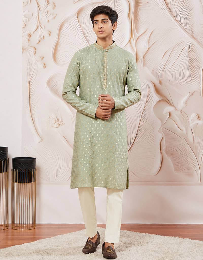 Boys mint green silk blend jacquard kurta pyjama set