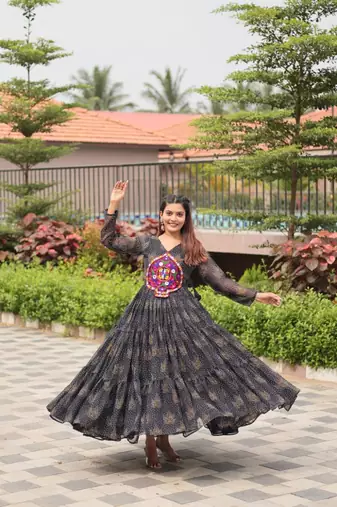Navratri wear black georgette bandhni printed gamthi & mirror work gown