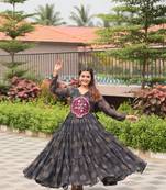 Navratri wear black color georgette bandhni printed gamthi & mirror work gown full stitched