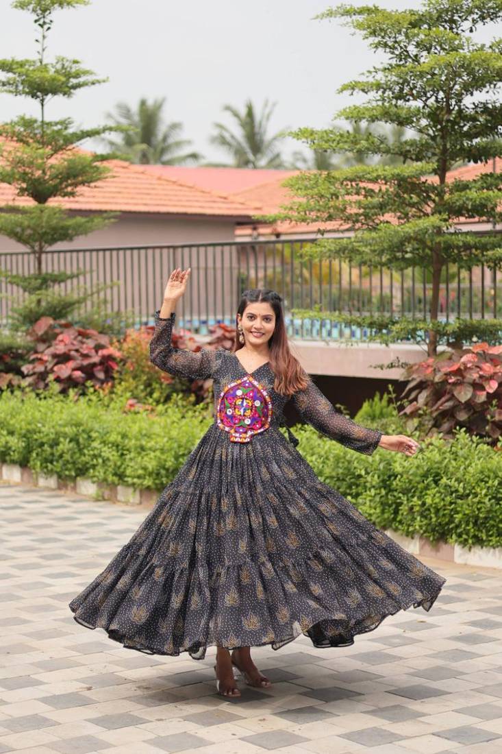 Navratri wear black color georgette bandhni printed gamthi & mirror work gown full stitched