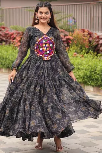 Navratri wear black georgette bandhni printed gamthi & mirror work gown