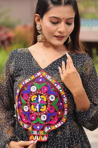 Navratri wear black georgette bandhni printed gamthi & mirror work gown
