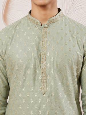 Boys mint green silk blend jacquard kurta pyjama set 2