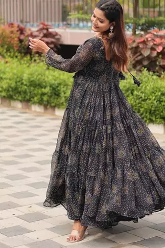 Navratri wear black georgette bandhni printed gamthi & mirror work gown