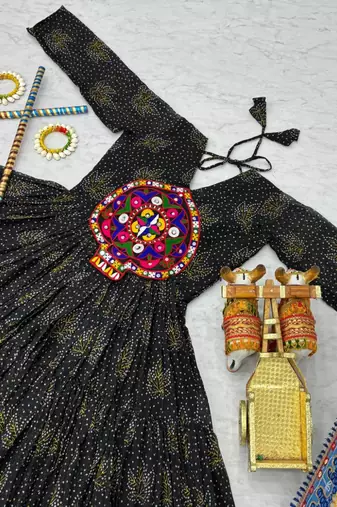 Navratri wear black georgette bandhni printed gamthi & mirror work gown