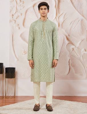 Boys mint green silk blend jacquard kurta pyjama set 3