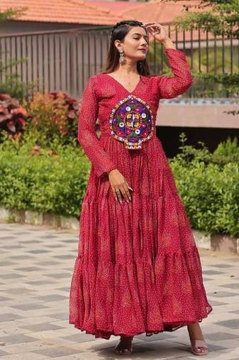 Navratri wear maroon georgette bandhni printed gamthi & mirror work gown