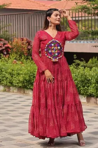 Navratri wear maroon georgette bandhni printed gamthi & mirror work gown