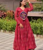Navratri wear maroon color georgette bandhni printed gamthi & mirror work gown full stitched