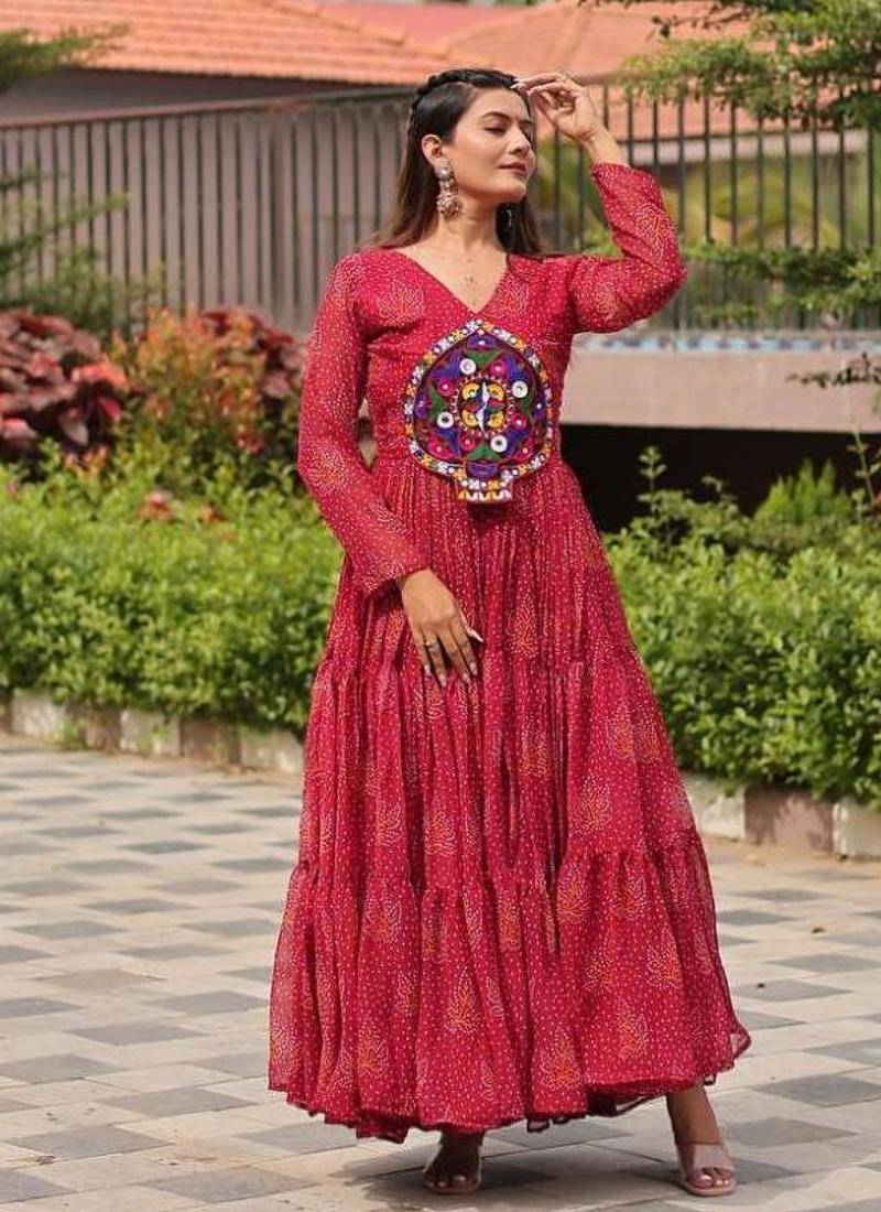 Navratri wear maroon color georgette bandhni printed gamthi & mirror work gown full stitched