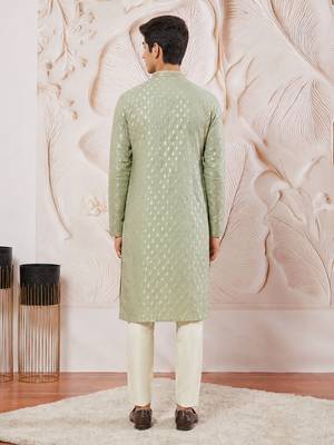 Boys mint green silk blend jacquard kurta pyjama set 4