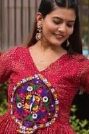 Navratri wear maroon georgette bandhni printed gamthi & mirror work gown