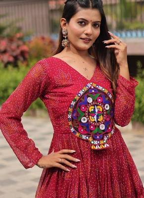Navratri wear maroon georgette bandhni printed gamthi & mirror work gown 3