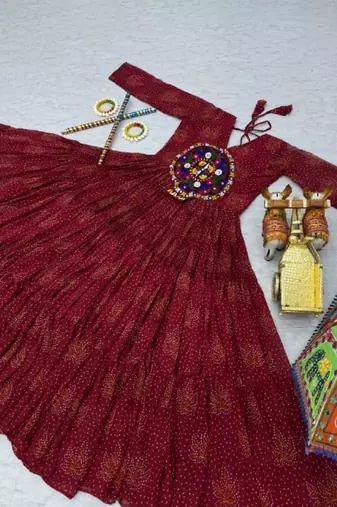 Navratri wear maroon georgette bandhni printed gamthi & mirror work gown