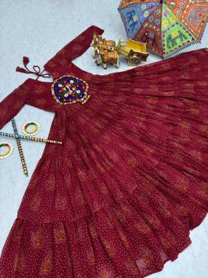 Navratri wear maroon georgette bandhni printed gamthi & mirror work gown 5