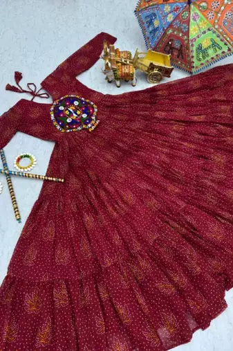 Navratri wear maroon georgette bandhni printed gamthi & mirror work gown