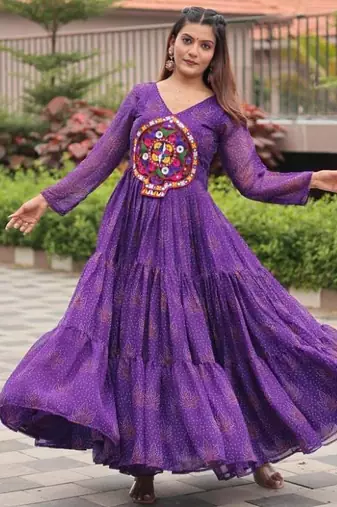 Navratri wear purple georgette bandhni printed gamthi & mirror work gown