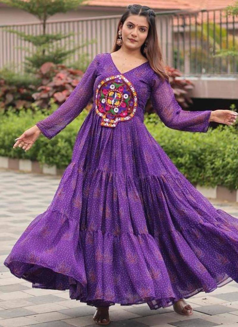 Navratri wear purple color georgette bandhni printed gamthi & mirror work gown full stitched