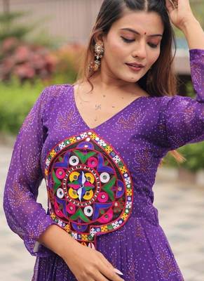 Navratri wear purple georgette bandhni printed gamthi & mirror work gown 2