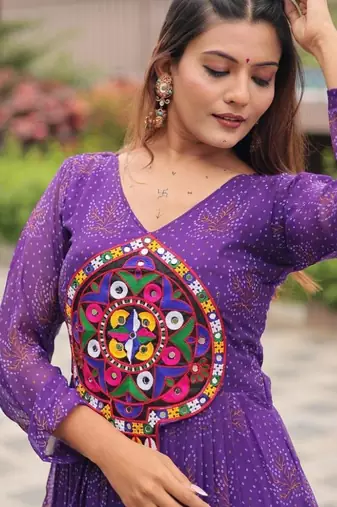 Navratri wear purple georgette bandhni printed gamthi & mirror work gown