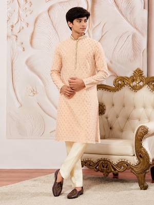 Boys peach silk blend sequin jacquard kurta pyjama set 1