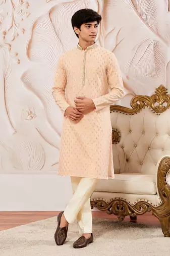 Boys peach silk blend sequin jacquard kurta pyjama set