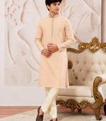Boys peach silk blend sequin jacquard kurta pyjama set