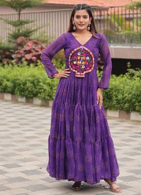 Navratri wear purple georgette bandhni printed gamthi & mirror work gown 3