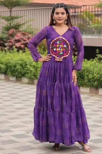 Navratri wear purple georgette bandhni printed gamthi & mirror work gown