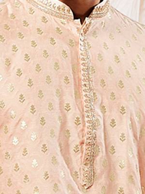 Boys peach silk blend sequin jacquard kurta pyjama set 2