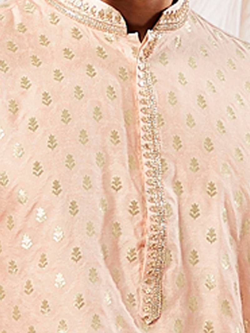 Boys peach silk blend sequin jacquard kurta pyjama set