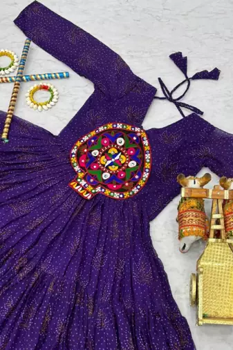 Navratri wear purple georgette bandhni printed gamthi & mirror work gown