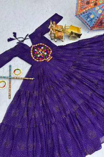 Navratri wear purple georgette bandhni printed gamthi & mirror work gown