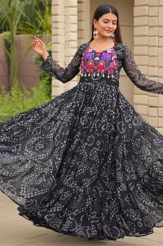 Navratri wear black georgette bandhni printed thread embroidered mirror -codi lace work gown