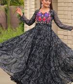 Navratri wear black color georgette bandhni printed thread embroidered mirror -codi lace work gown full stitched