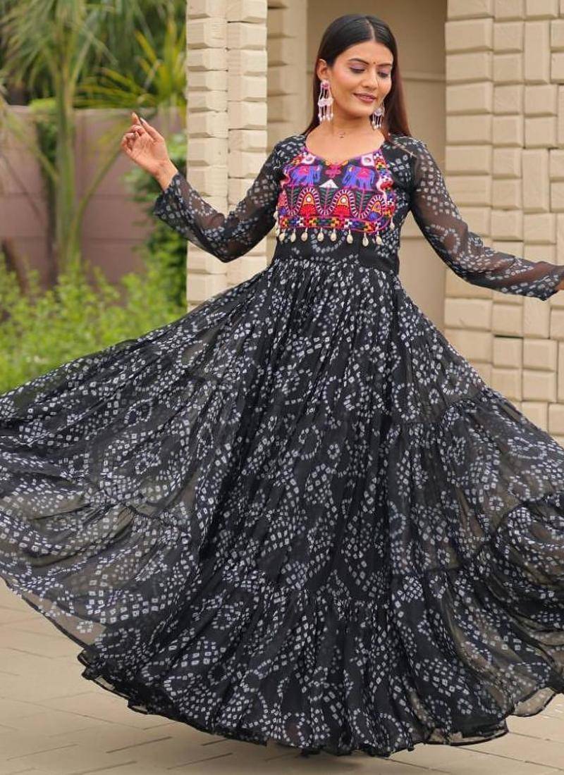Navratri wear black color georgette bandhni printed thread embroidered mirror -codi lace work gown full stitched