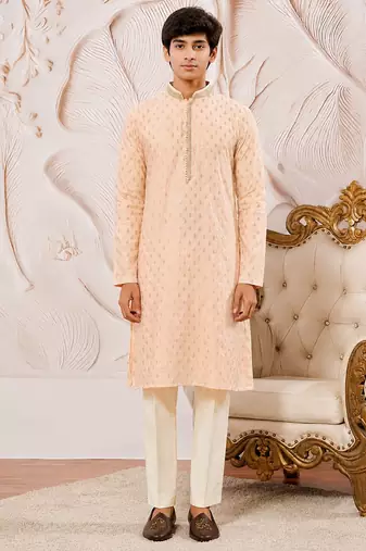 Boys peach silk blend sequin jacquard kurta pyjama set