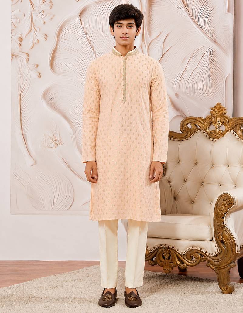 Boys peach silk blend sequin jacquard kurta pyjama set