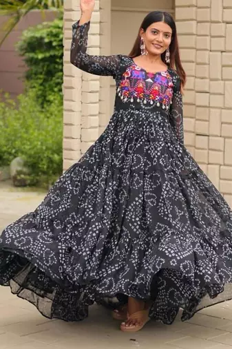 Navratri wear black georgette bandhni printed thread embroidered mirror -codi lace work gown