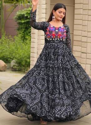 Navratri wear black georgette bandhni printed thread embroidered mirror -codi lace work gown 4