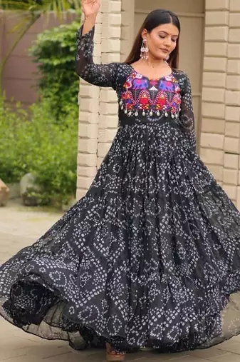 Navratri wear black georgette bandhni printed thread embroidered mirror -codi lace work gown