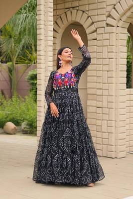 Navratri wear black georgette bandhni printed thread embroidered mirror -codi lace work gown 5