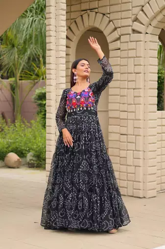 Navratri wear black georgette bandhni printed thread embroidered mirror -codi lace work gown