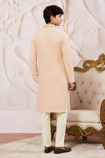 Boys peach silk blend sequin jacquard kurta pyjama set