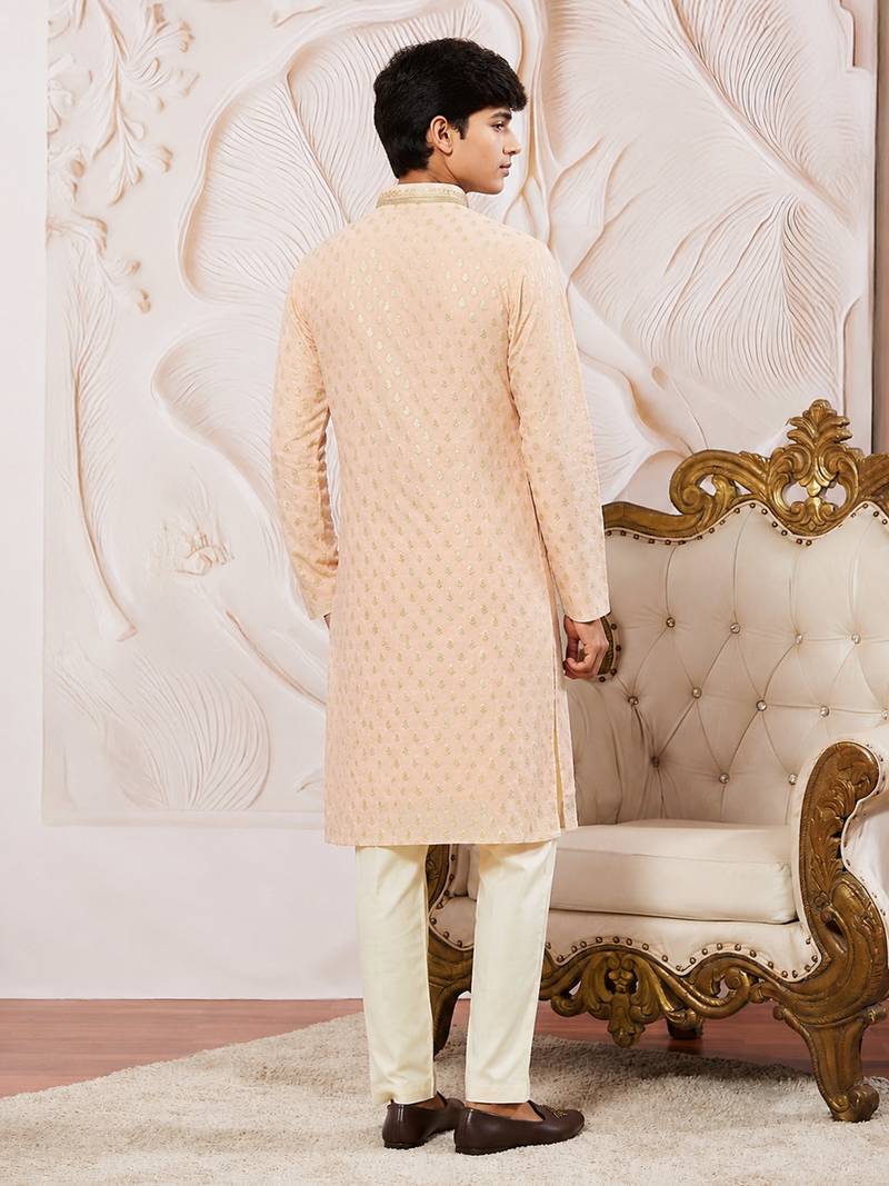 Boys peach silk blend sequin jacquard kurta pyjama set